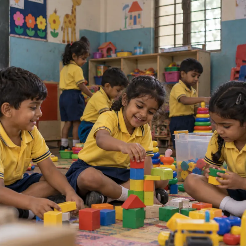 Kindergarten children playing with building blocks