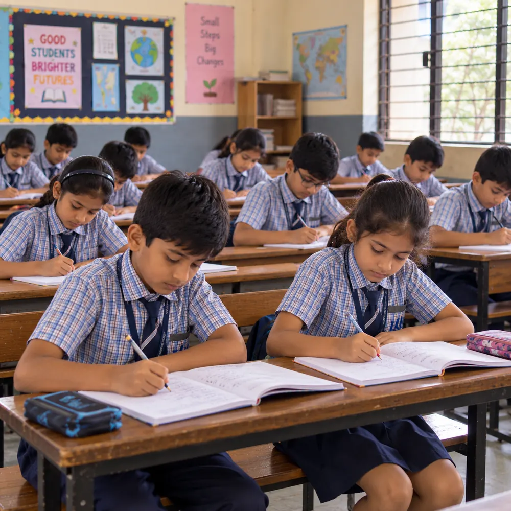 Primary students writing in class